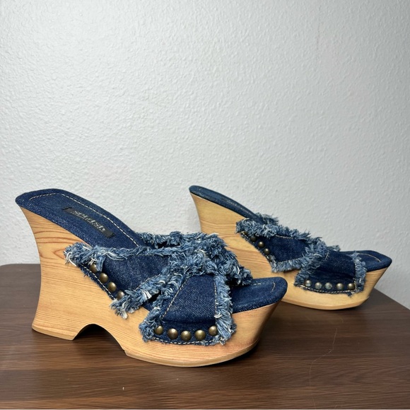 RARE Y2K Vintage Splash Denim Studded Wooden Chunky Platform Wedge Heels Bratz - Picture 2 of 8
